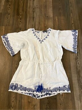 Ralph Lauren White shorts romper with Blue Embroidered Trim 16w